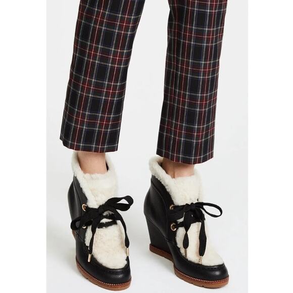 NWT Kate Spade NY Sandy Black Leather Shearling Ankle Wedge Booties Size 9 Glam - Picture 1 of 16